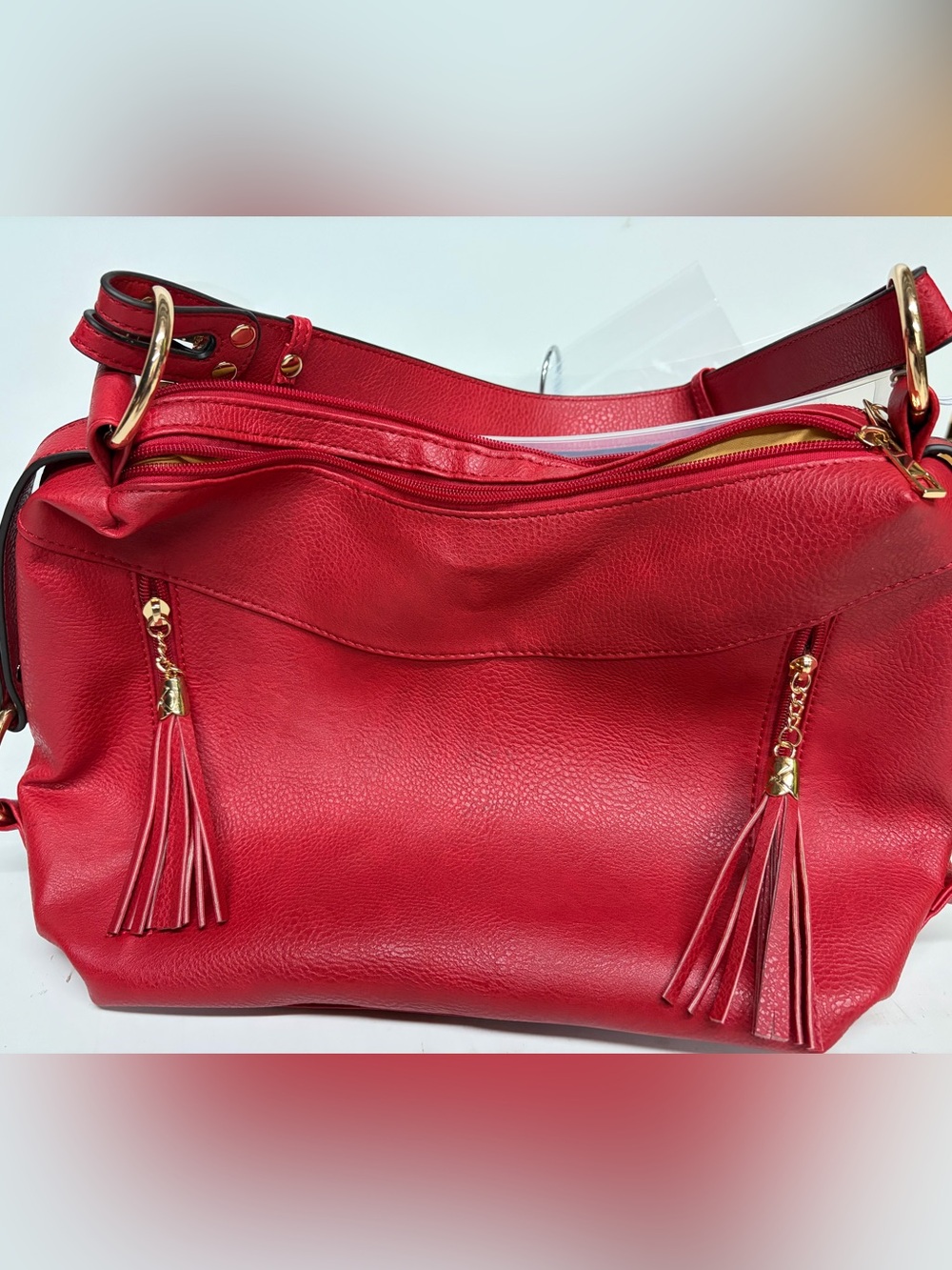 Charming Charlie Red Tassel Shoulder Bag with Gold Hardware